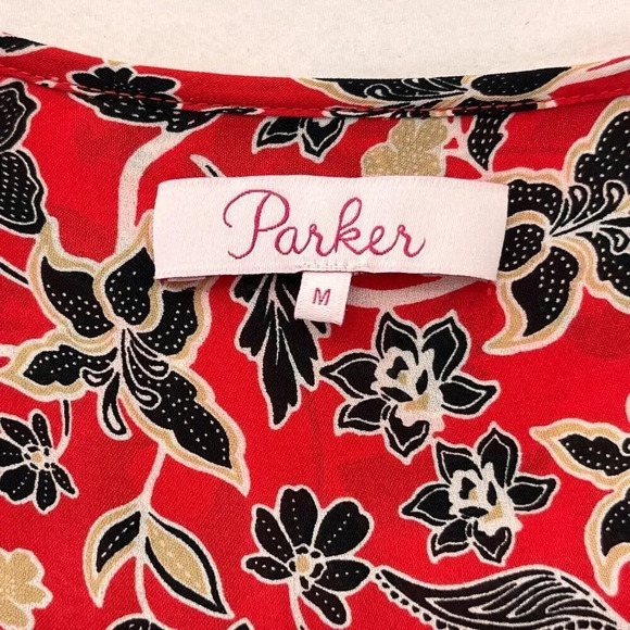 Parker Womens Dress M 100% Silk‎ Floral Ruched Short Sleeves Ruffle Hem Short - Picture 8 of 13